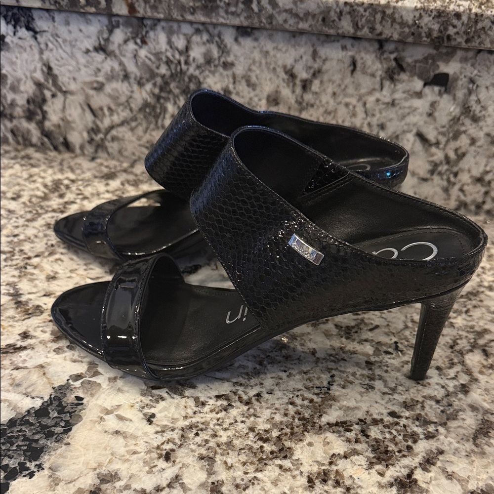 Calvin Klein Black Patent & Snake-Texture Heel Sandals - Picture 5 of 9